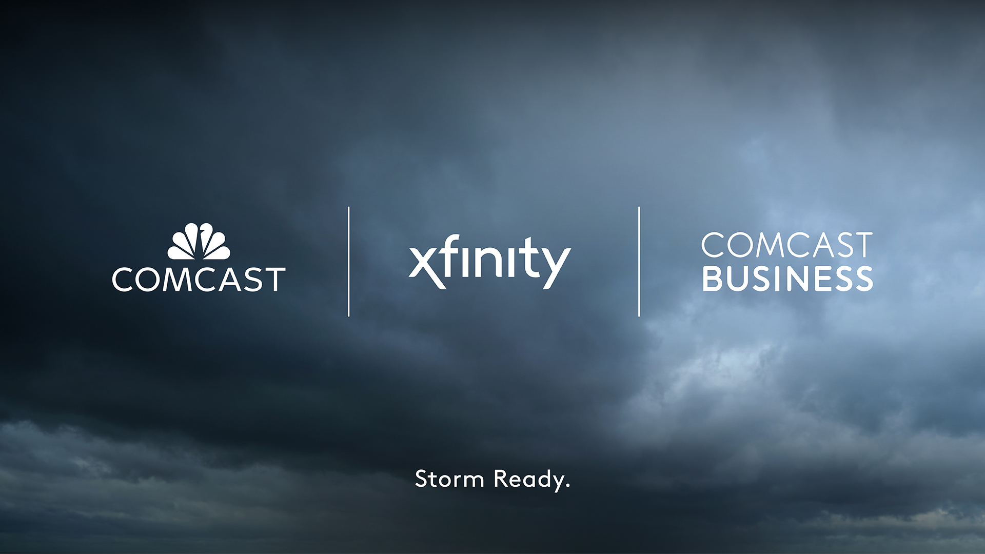 Comcast logo, Xfinity logo and Comcast Business logo in a line with storm clouds in the background.